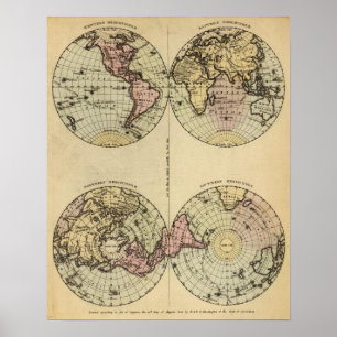 Póster Hemispheres Hand Colored Atlas Map