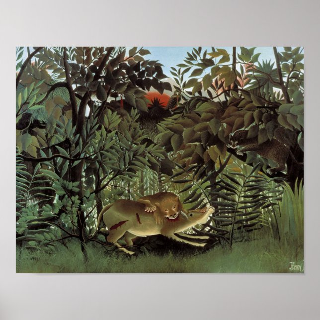 Póster Henri Rousseau - El león hambriento atacando (Frente)