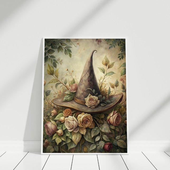 Póster Herb and Flowers Spell - Boho Witch Gorra Wall Art (Herb and Flowers Spell – Boho Witch Hat Wall Art in a white frame.)