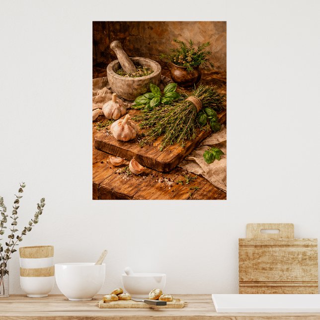 Póster Herbs and Garlic Still Life a Rustic Culinary (Cocina)
