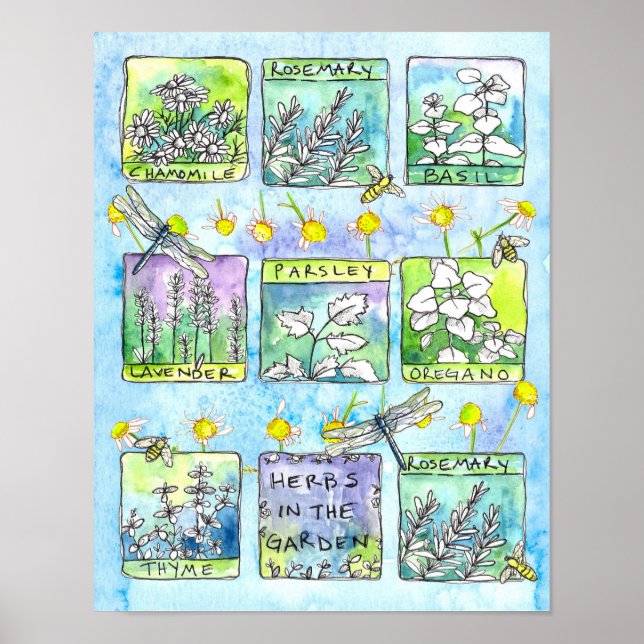 Póster Herbs Garden Dragonflies Honey Bees Kitchen Art (Frente)