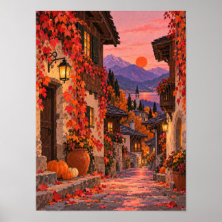Póster Herbstgasse mit Laternen und Weinlaub – Poster
