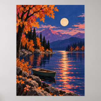 Póster Herbstsee im Mondlicht mit Ruderboot – Wandkunst