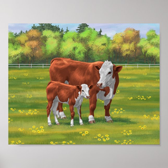Póster Hereford Vaca y ternera en la pastelería de verano (Frente)