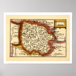 Póster Herefordshire County England Mapa anticuario antig