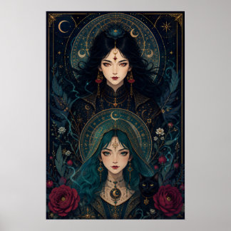 Póster Hermanas Brujas – Fantasía Art Nouveau Gótica
