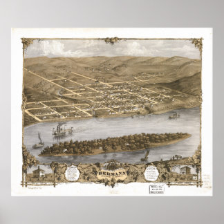 Póster Hermann Missouri 1869 Mapa Panorámico Antiguo