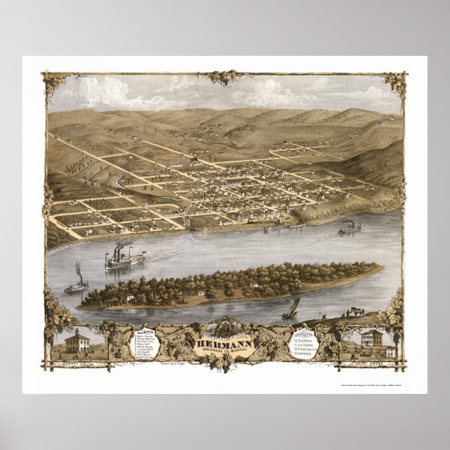 Póster Hermann, MO Panoramic Map - 1869 (Frente)