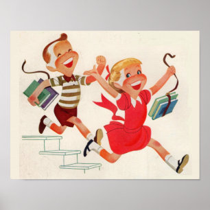 Póster hermano y hermana camino a la escuela