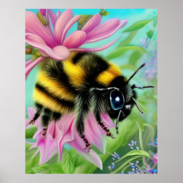 Póster Hermosa abeja en una flor rosa cerca