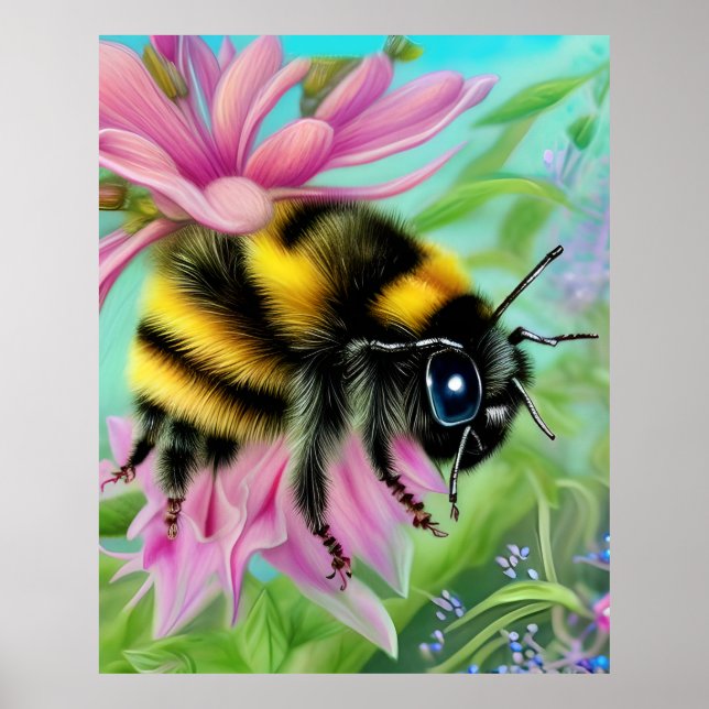 Póster Hermosa abeja en una flor rosa cerca (Frente)