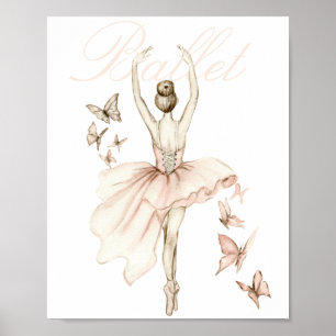 Póster Hermosa acuarela Ballerina y Mariposas