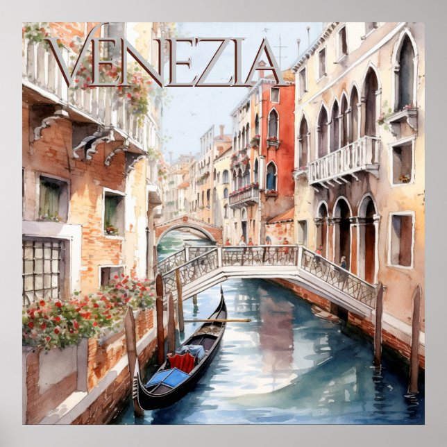 Póster Hermosa acuarela Canal de Venecia Viaje (Frente)