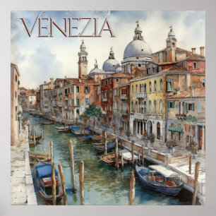 Póster Hermosa acuarela Canal de Venecia Viaje