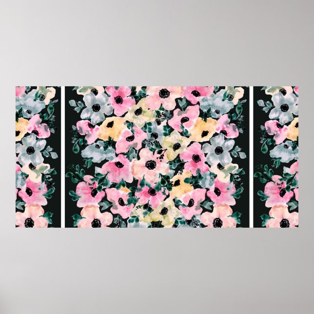 Póster Hermosa acuarela de estampado floral con fondo osc (Frente)