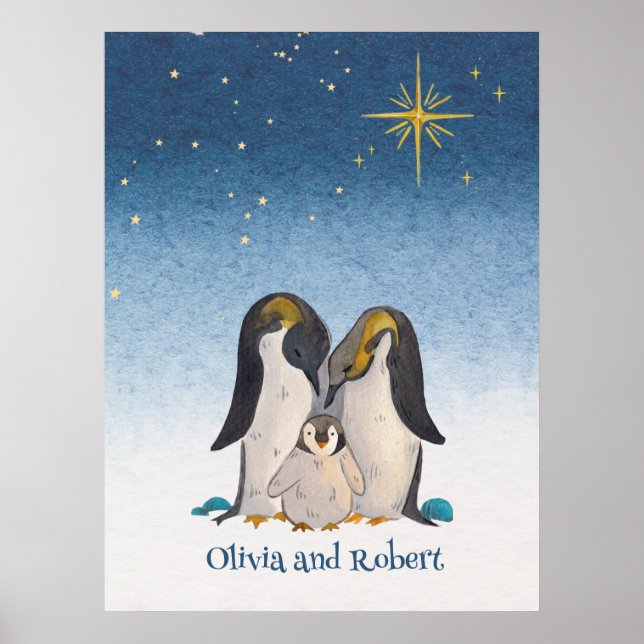 Póster Hermosa acuarela de la familia Penguin (Frente)