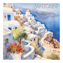 Hermosa acuarela Santorini Grecia Viaje