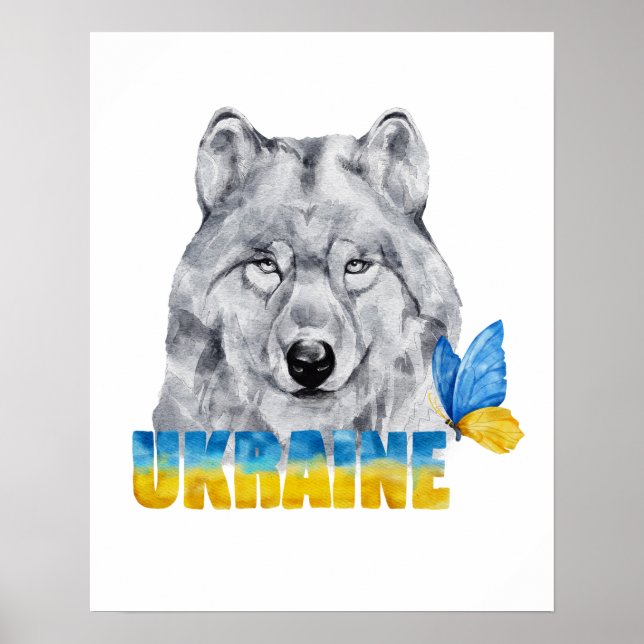 Póster Hermosa acuarela Ucrania Lobo y mariposa (Frente)
