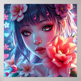 Póster Hermosa Anime Chica Glitchcore Floral