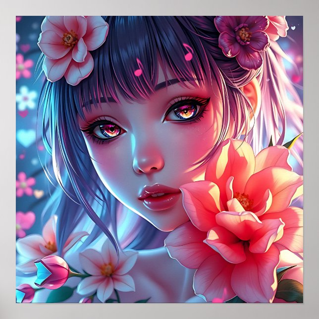 Póster Hermosa Anime Chica Glitchcore Floral (Frente)