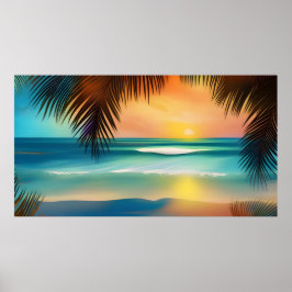 Póster Hermosa arena de playa tropical con palmeras oceán