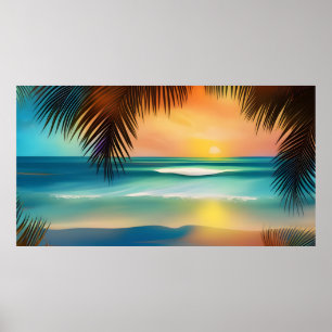 Póster Hermosa arena de playa tropical con palmeras oceán