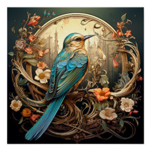 Póster Hermosa ave Art Nouveau