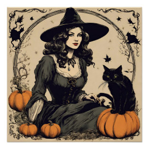 Póster Hermosa bruja de Halloween de época con gato negro