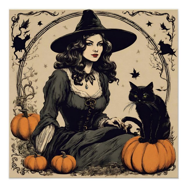 Póster Hermosa bruja de Halloween de época con gato negro (Anverso)