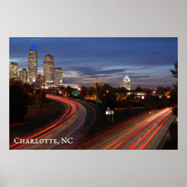 Póster Hermosa Carretera Skyline de Charlotte NC en Dusk