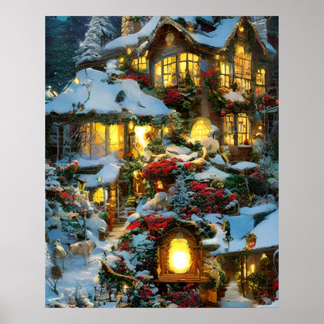 Póster Hermosa casa de pueblo en el Poster de los Navidad (Frente)