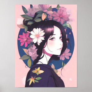 Póster Hermosa Chica anime coronada con flores