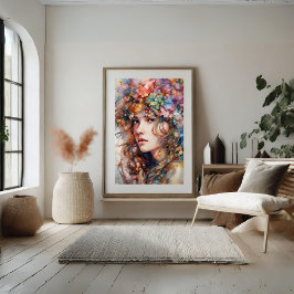 Póster Hermosa Chica con flores en Poster de pelo