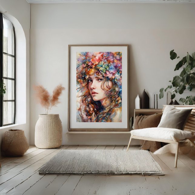 Póster Hermosa Chica con flores en Poster de pelo (Beautiful Girl with Flowers in Hair Poster)