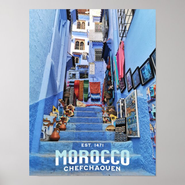 Póster Hermosa ciudad marroquí de Chefchaouen Azul Norte (Frente)