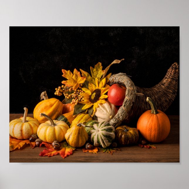 Póster Hermosa Cornucopia Llena De Gourds De Otoño (Frente)