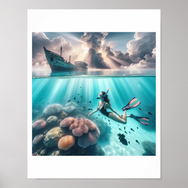 Póster Hermosa dama buceadora encuentra un barco hundido (Frente)