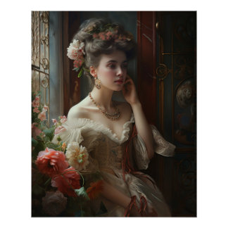 Póster Hermosa Dama Con Una Flor De Seda.