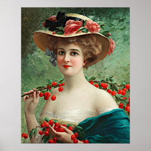 Póster Hermosa dama de época, Gorra de flores y cerezas