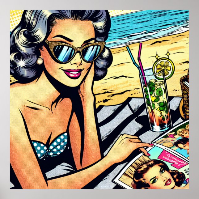Póster Hermosa dama retro en la playa con cóctel (Frente)