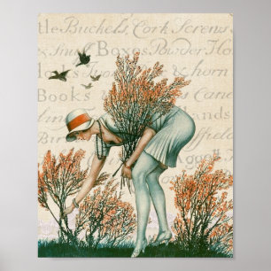 Póster Hermosa dama vintage recogiendo flores texto de gu