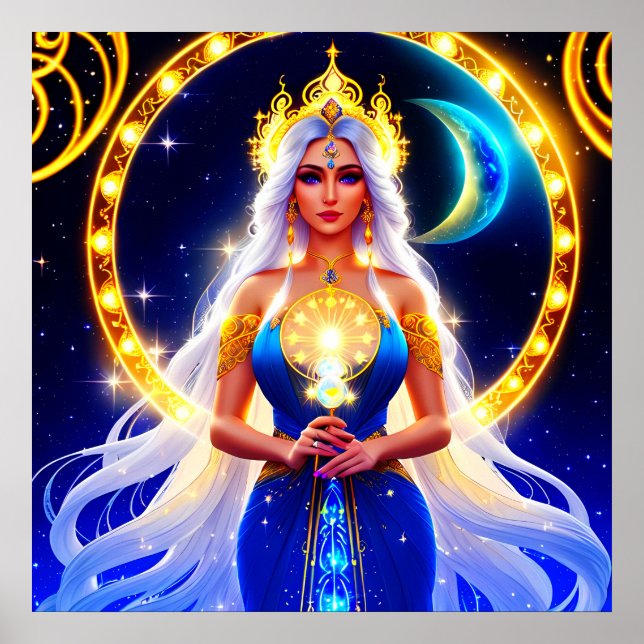 Póster Hermosa diosa lunar con el cabello blanco. (Frente)
