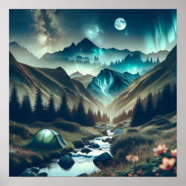 Póster Hermosa escena de camping con montañas y carpas