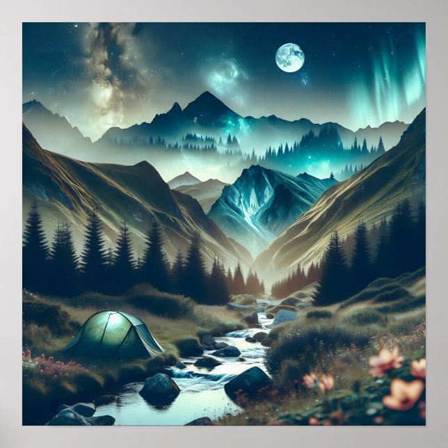 Póster Hermosa escena de camping con montañas y carpas (Frente)