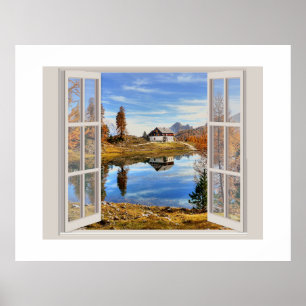 Póster Hermosa escena de otoño vista a través de una vent