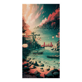 Póster Hermosa escena del puerto acuático japonés