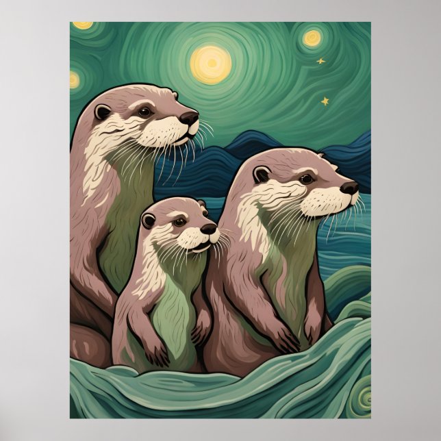 Póster Hermosa familia Otter Van Gogh Style (Frente)