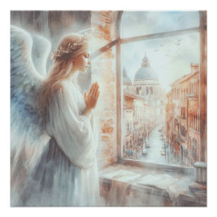 Póster Hermosa Figura Angelical con Aura Blanca Rezando