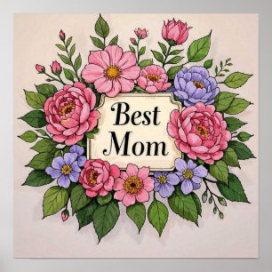 Póster Hermosa flor rosada Mejor Mamá