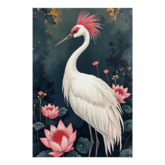 Póster Hermosa grulla blanca japonesa